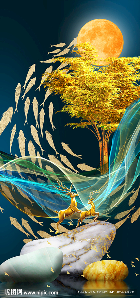 石来运转麋鹿抽象玄关装饰画