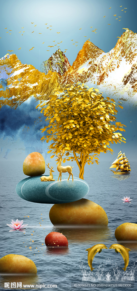 石来运转麋鹿抽象玄关装饰画