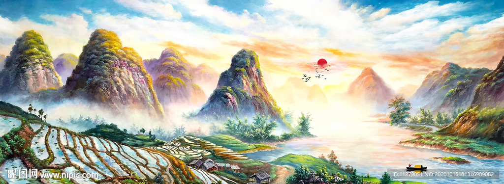 山水田园风景油画