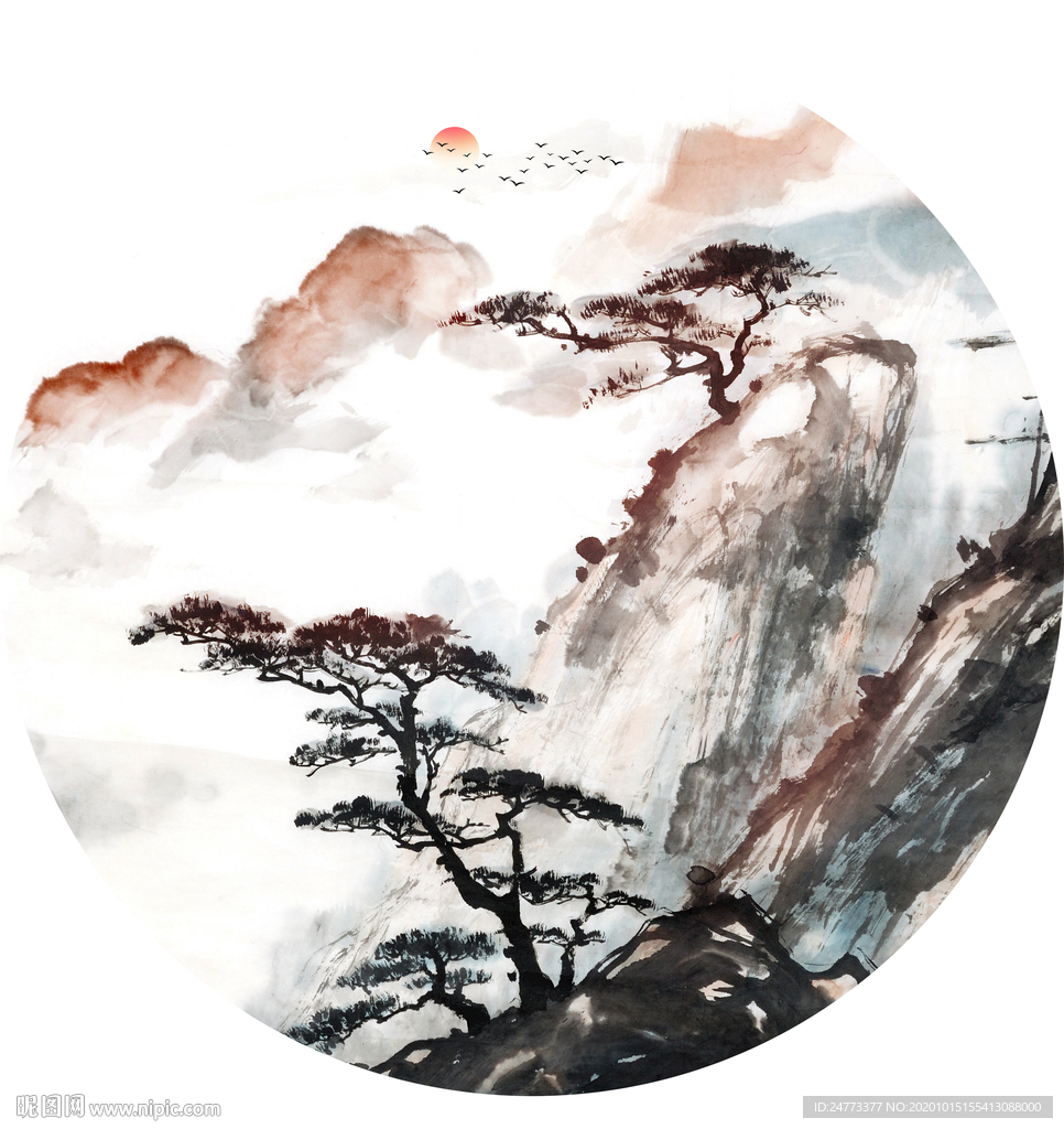 迎客松圆框画