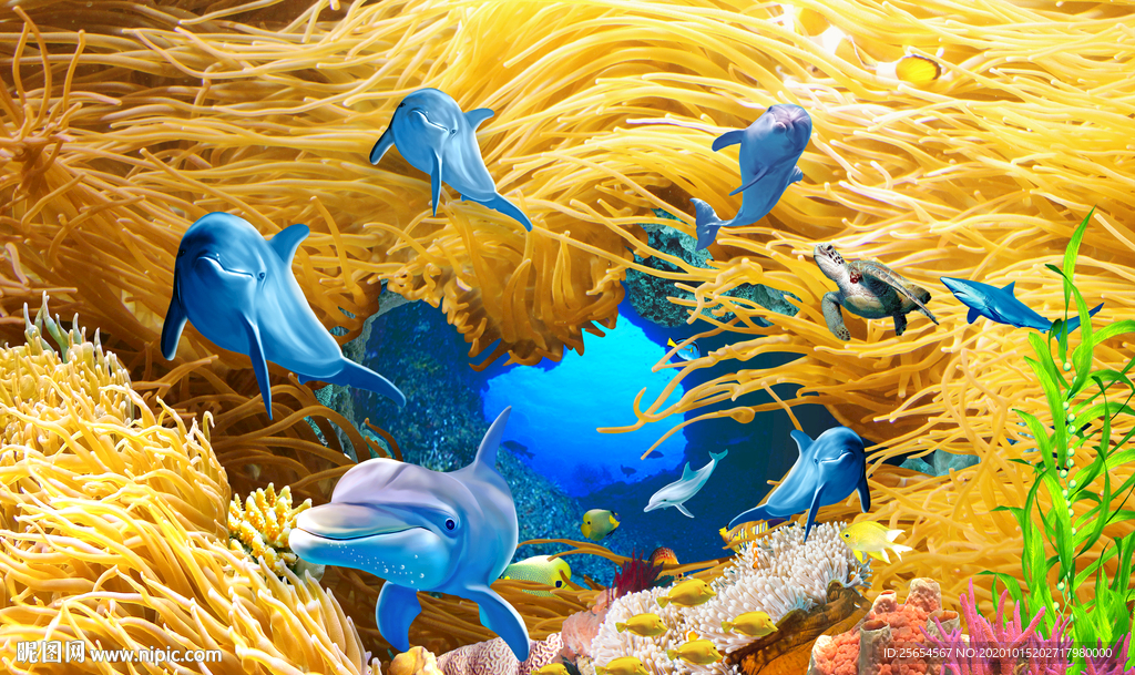 3D海底世界海豚电视背景墙装饰