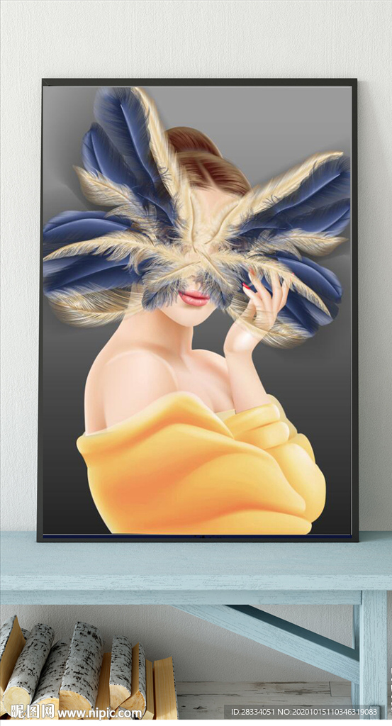 现代爱马仕羽毛美女玄关装饰画