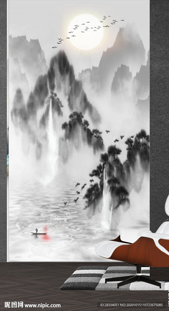 新中式水墨山水瀑布玄关装饰画