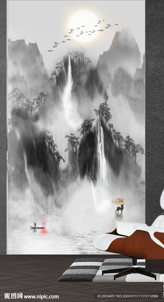 新中式水墨山水瀑布玄关装饰画