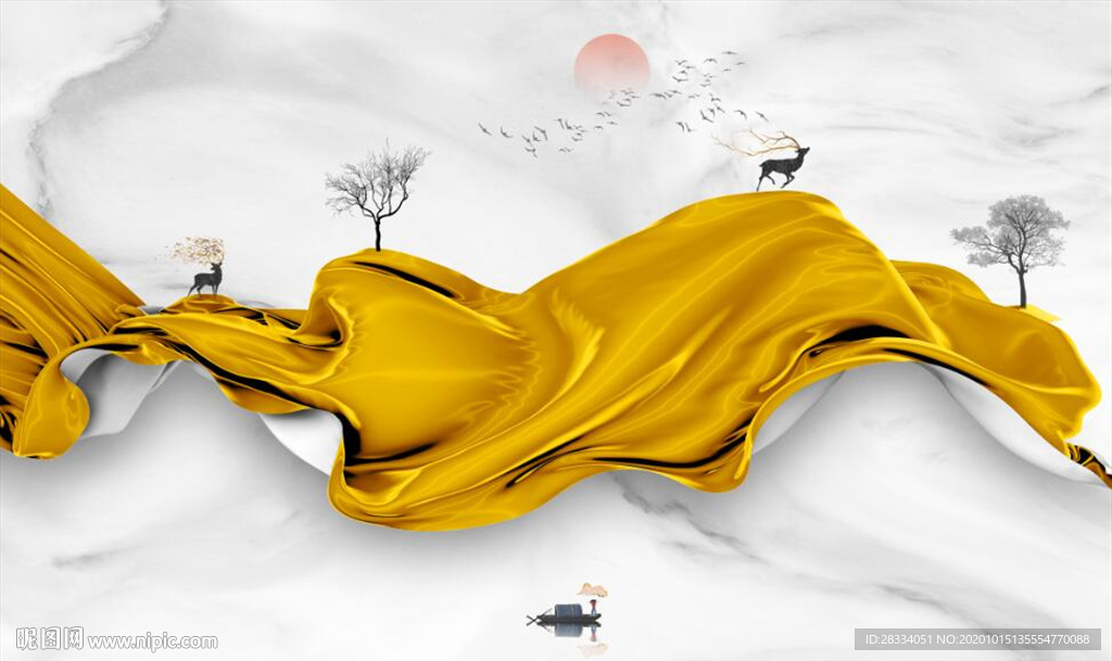 新中式抽象飘带麋鹿山水电视背景