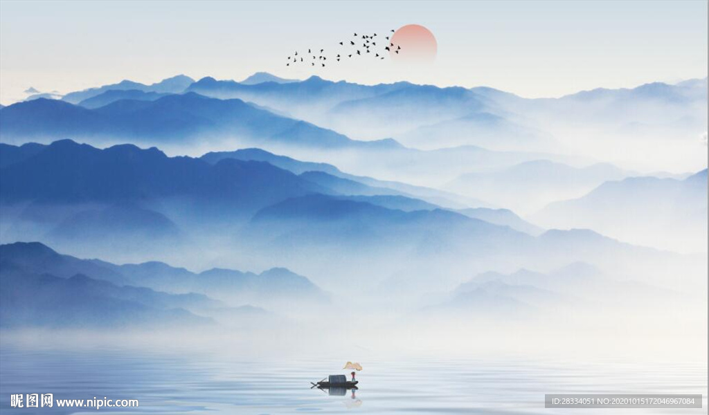 新中式蓝色水墨山水风景电视背景