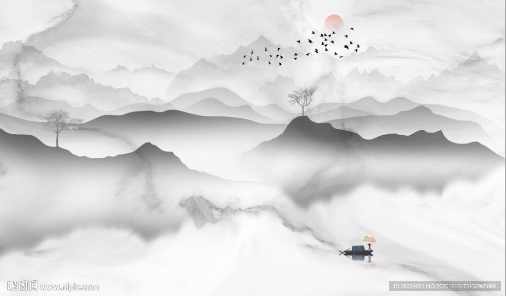 新中式大理石水墨山水电视背景墙