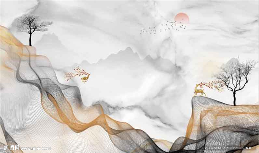 新中式抽象线条飘带电视背景墙