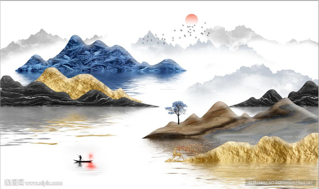 新中式金色立体山水风景电视背景