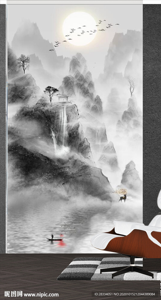 新中式水墨山水瀑布玄关装饰画