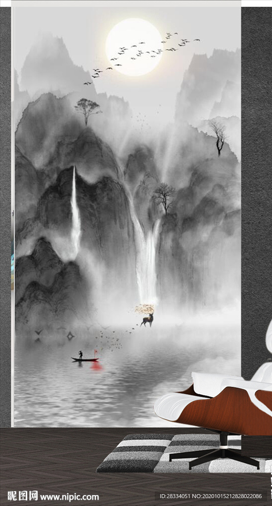 新中式水墨山水瀑布玄关装饰画