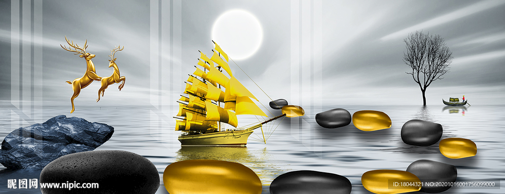 石来运转一帆风顺鹅卵石无框画