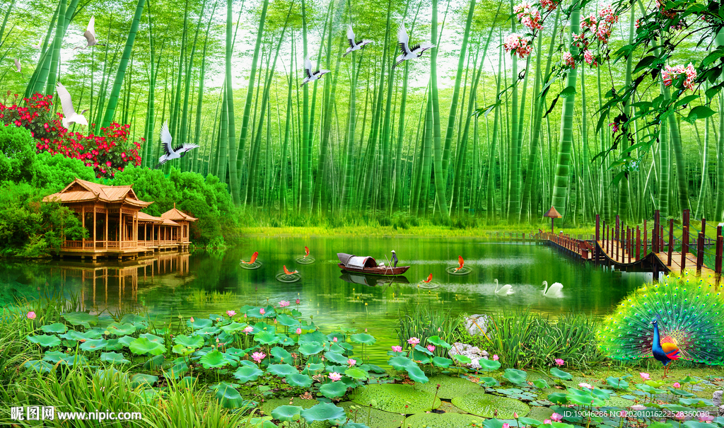 流水生财竹林风景背景墙