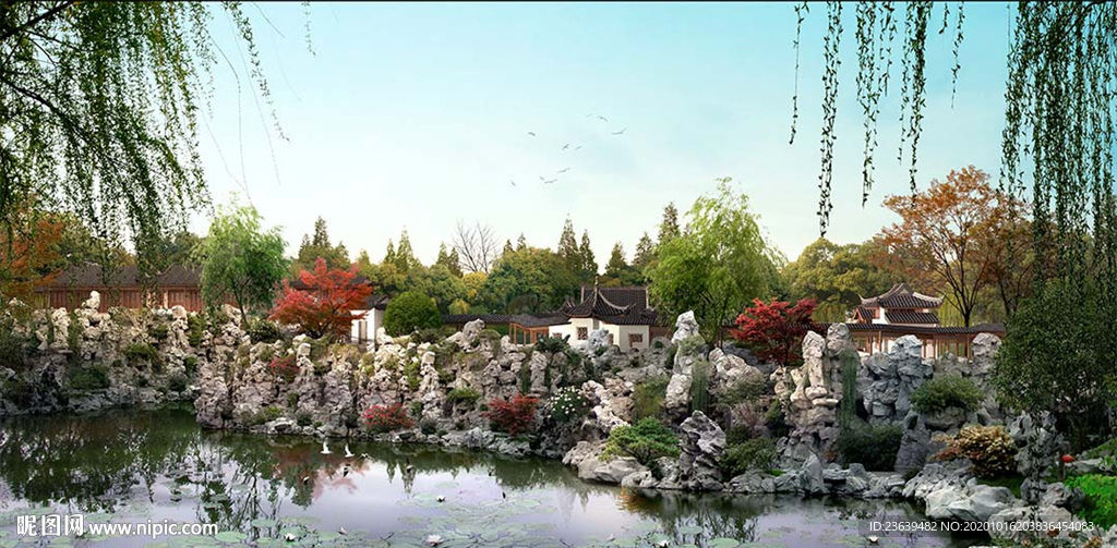 中式园林湖石假山效果图