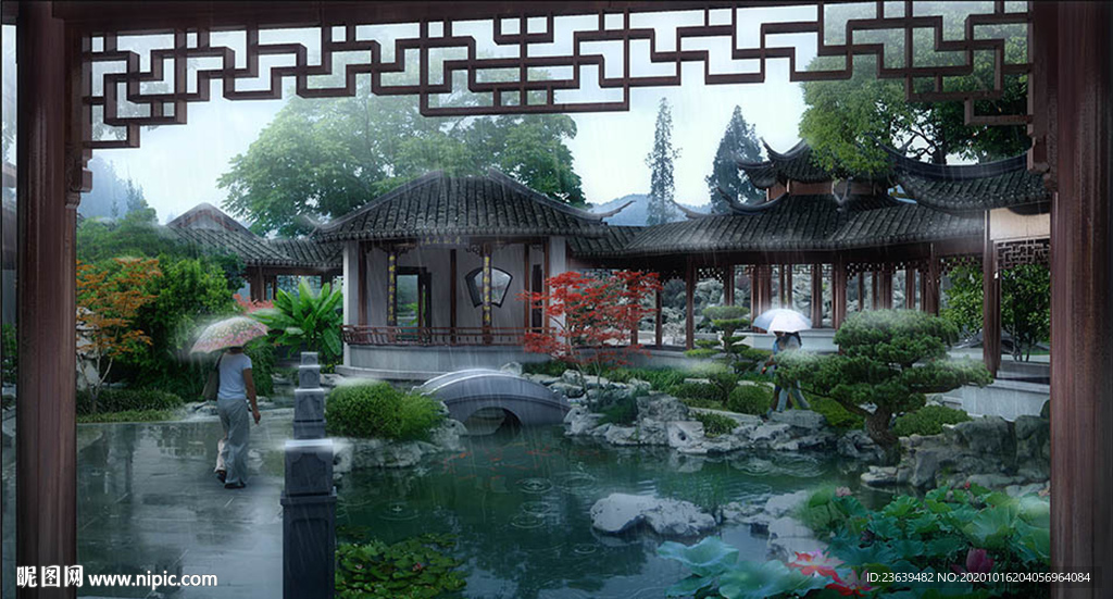 苏州园林雨景效果图