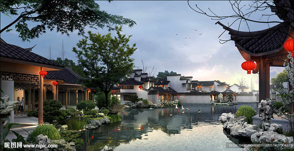 中式院子 园林水景 效果图