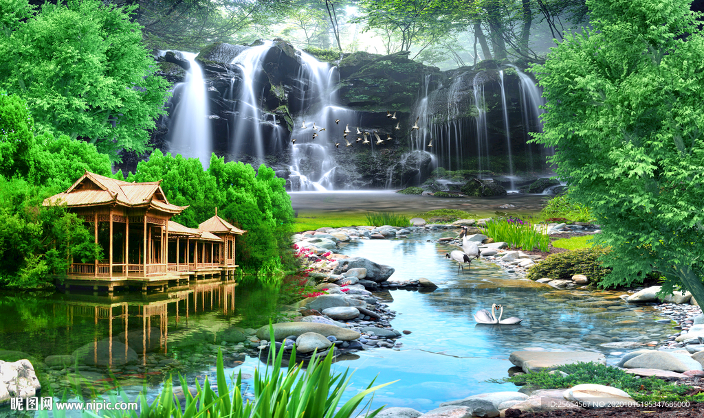 风景画流水生财背景墙