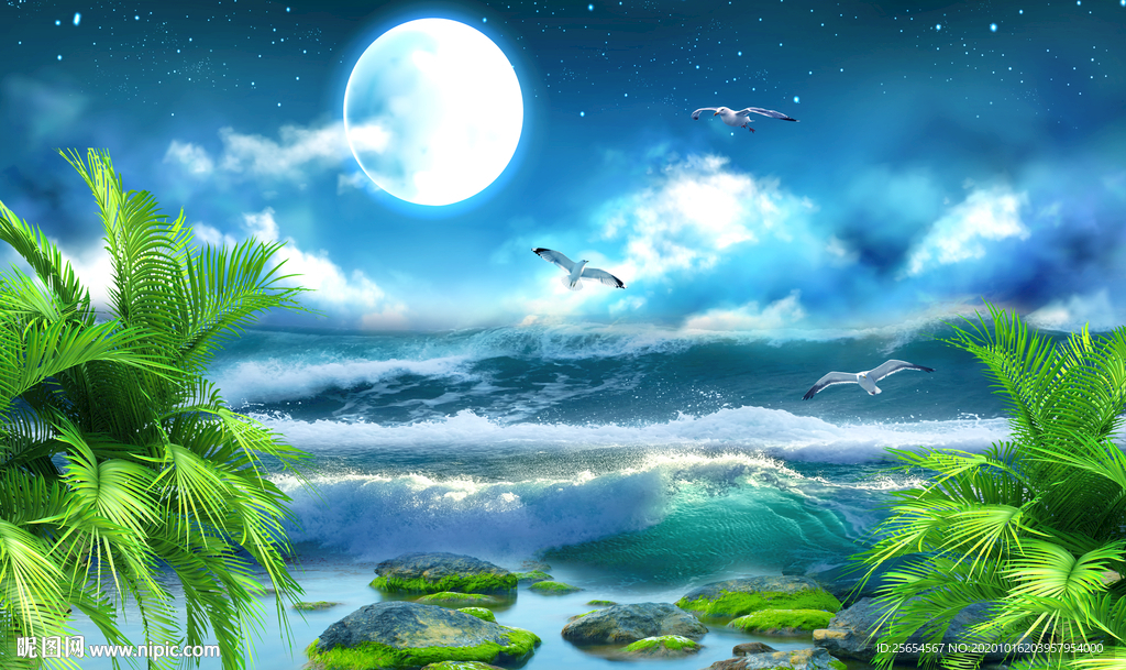 蓝天白云海滩海景3D电视背景墙