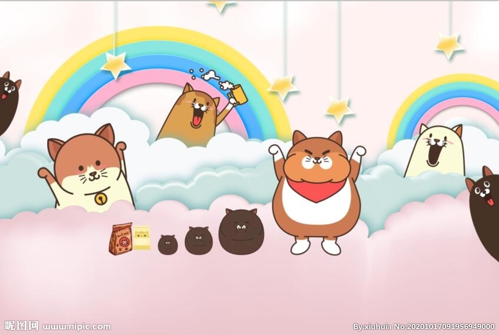 可爱卡通猫猫彩虹儿童房背景壁画