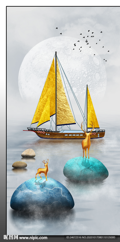 新中式帆船麋鹿玄关画