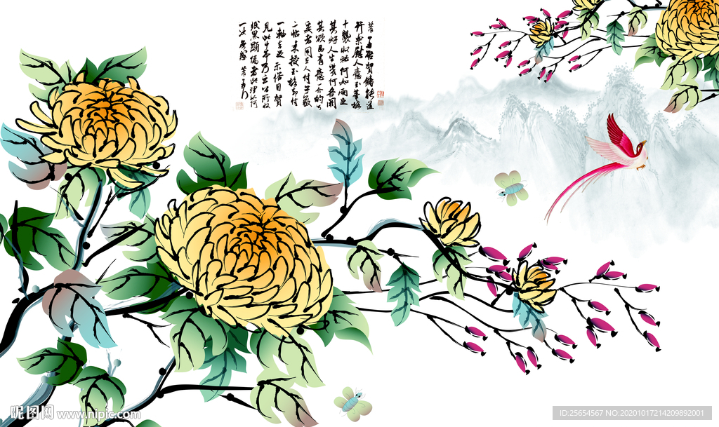 菊花意境花鸟国画背景墙