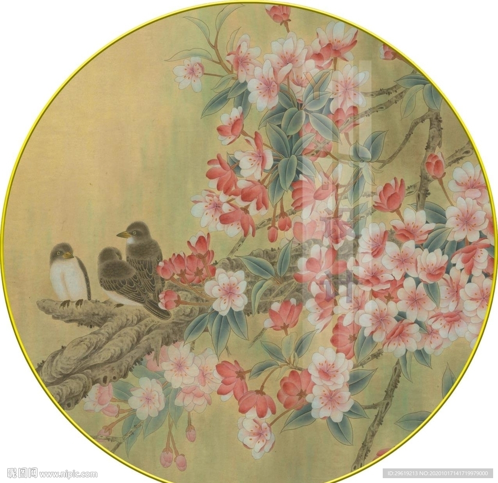 新中式手绘工笔花鸟圆形装饰画图
