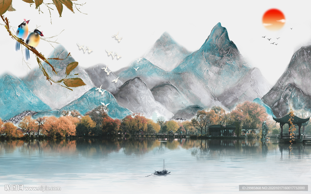 花鸟轻奢山水画 tif分层