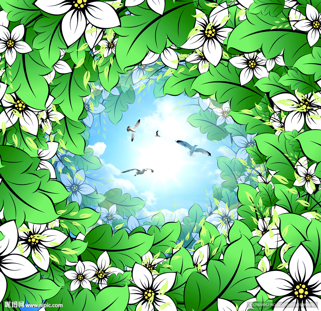 蓝天白云鸽子树叶天顶壁画背景墙