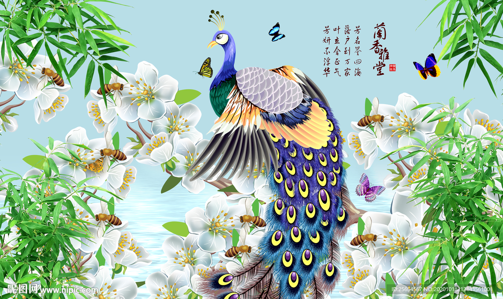 工笔花鸟背景墙装饰画