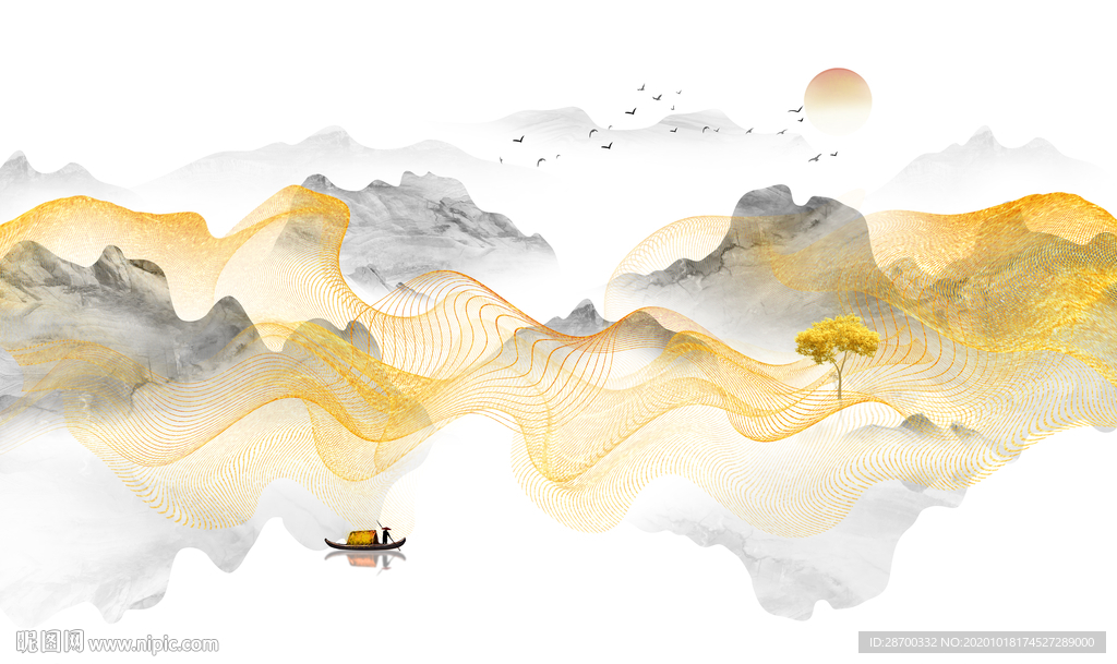 金色线条水墨山水画