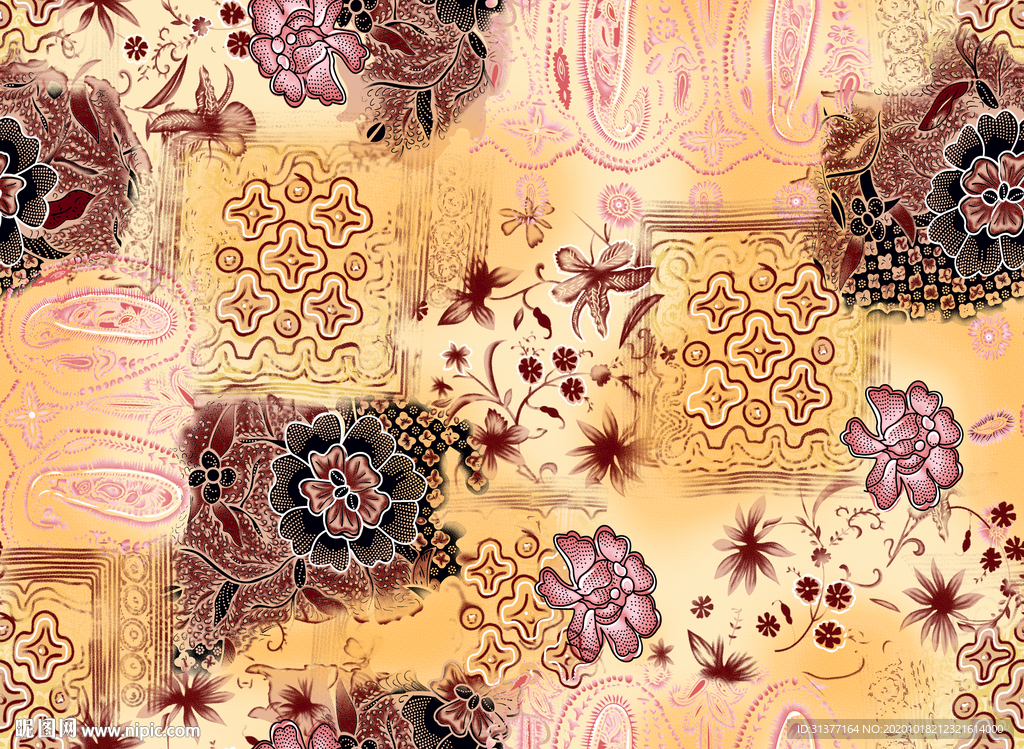 渐变波点植物印花图案