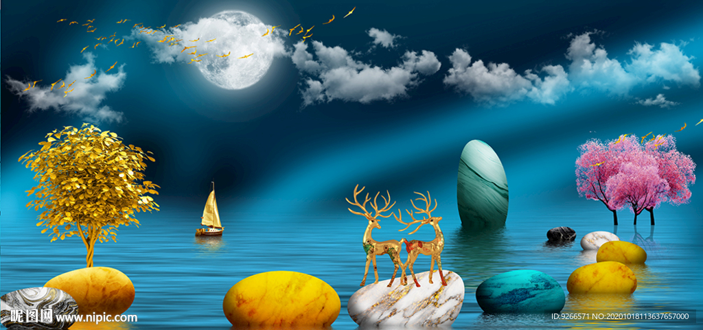 石来运转麋鹿抽象晶瓷画装饰画