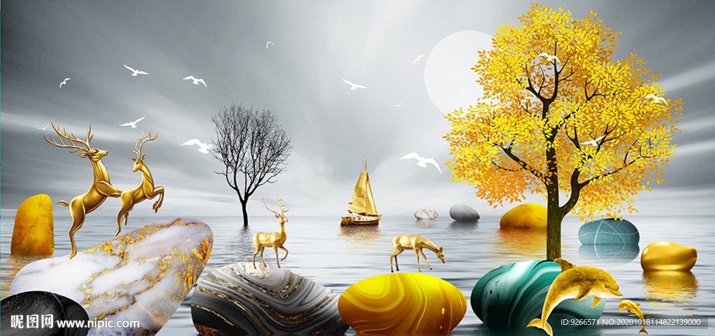 石来运转麋鹿抽象晶瓷画装饰画