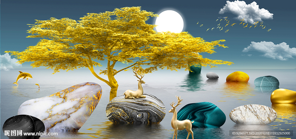 石来运转麋鹿抽象晶瓷画装饰画