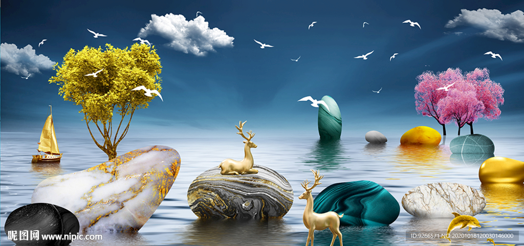 石来运转麋鹿抽象晶瓷画装饰画