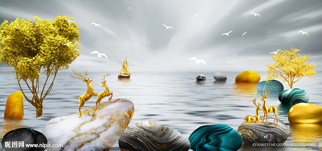 石来运转麋鹿抽象晶瓷画装饰画