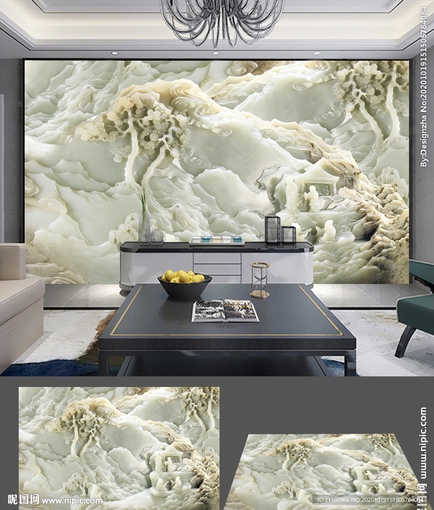 3D立体山水玉雕壁画电视背景墙