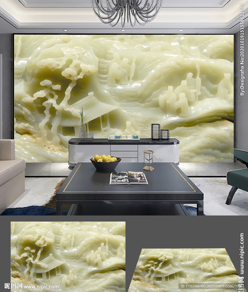3D立体山水玉雕壁画电视背景墙