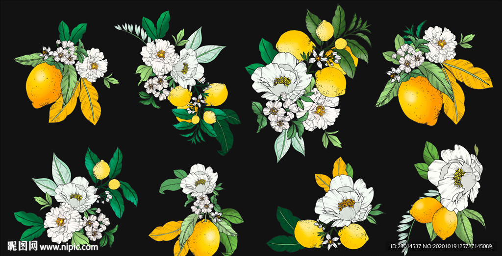 北欧清新风手绘花卉柠檬分层素材