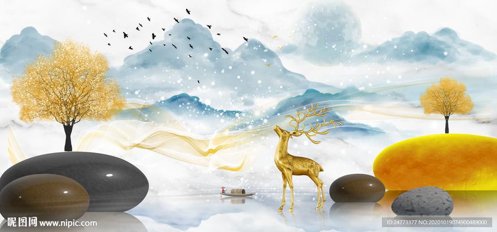 山水麋鹿石来运转装饰画