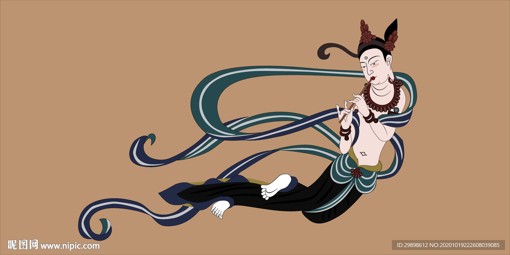 敦煌莫高窟壁画晚唐乐队吹萧飞天