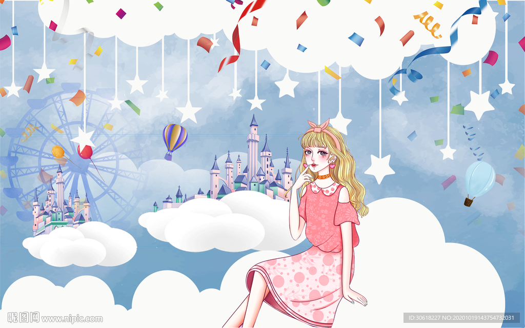 北欧卡通儿童房背景墙壁画