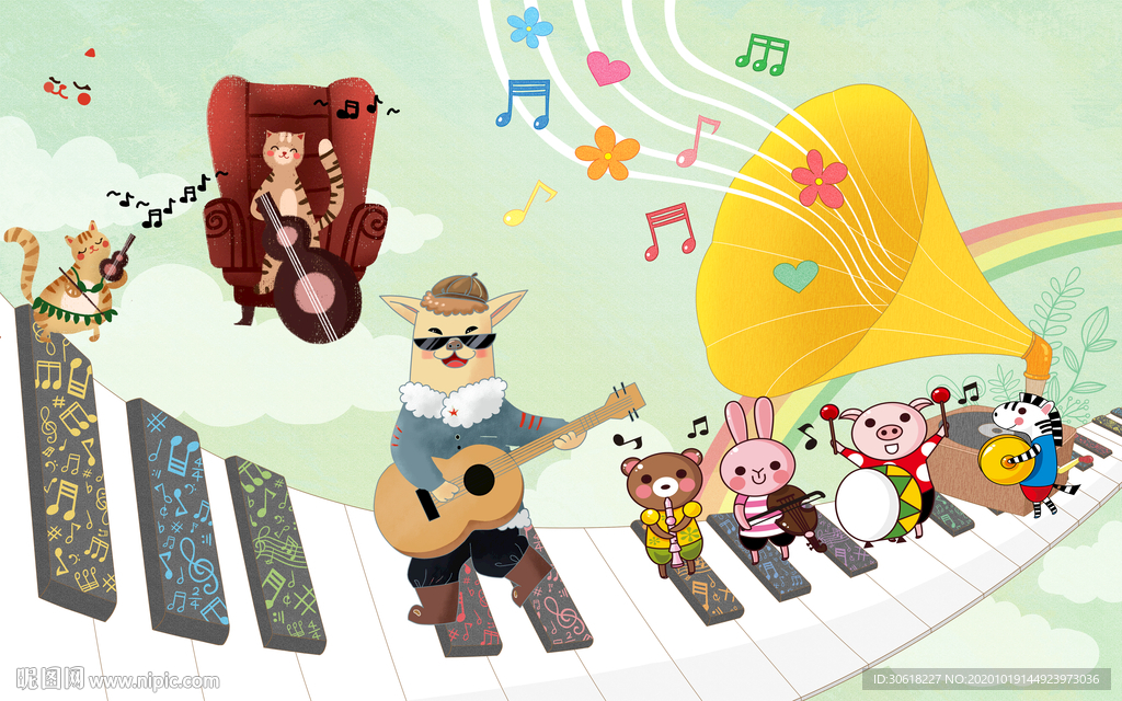 北欧卡通儿童房背景墙壁画