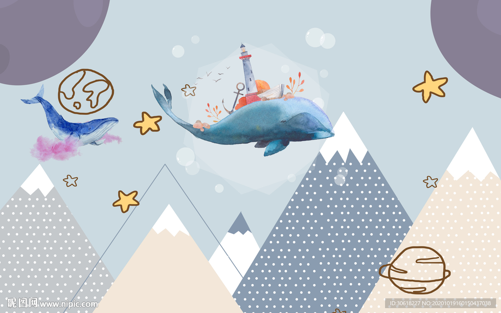 北欧卡通儿童房背景墙壁画