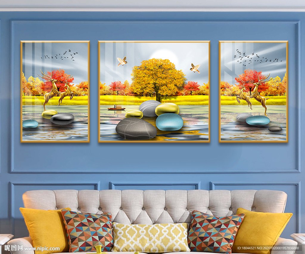 轻奢鹅卵石发财树装饰画