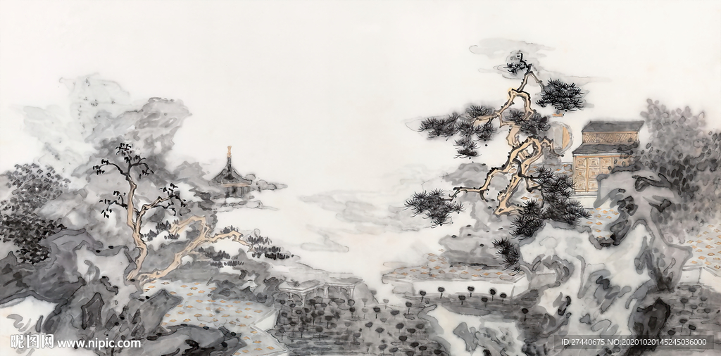 中式古典山水图荷塘