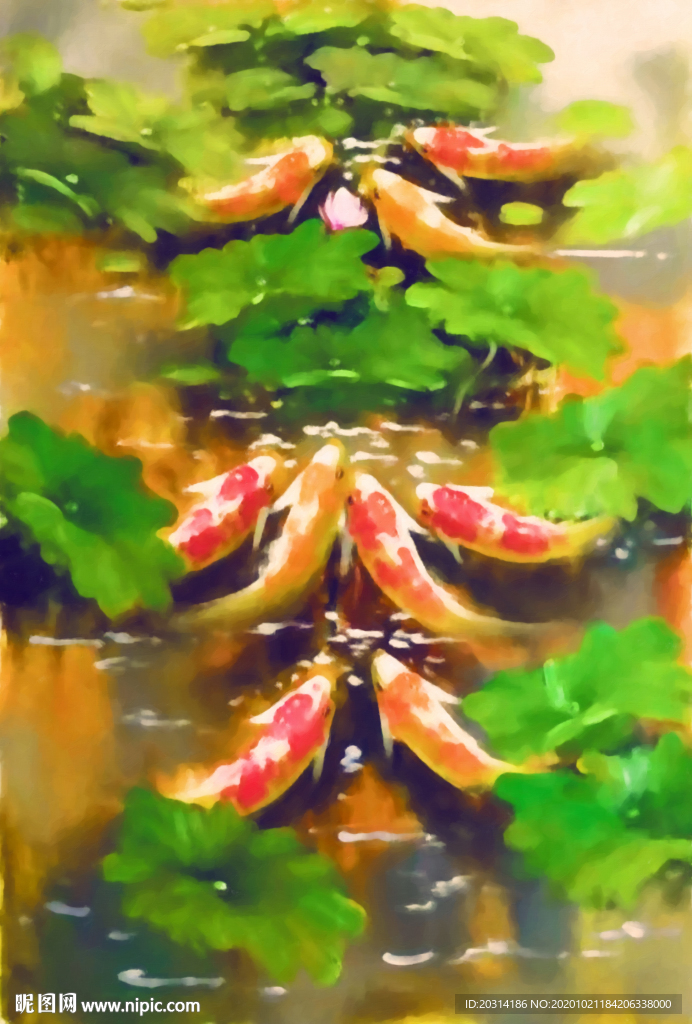 九鱼图中国风壁画中式装饰画