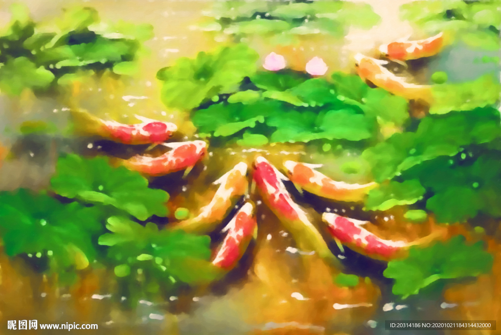 新中式油画九鱼图装饰画