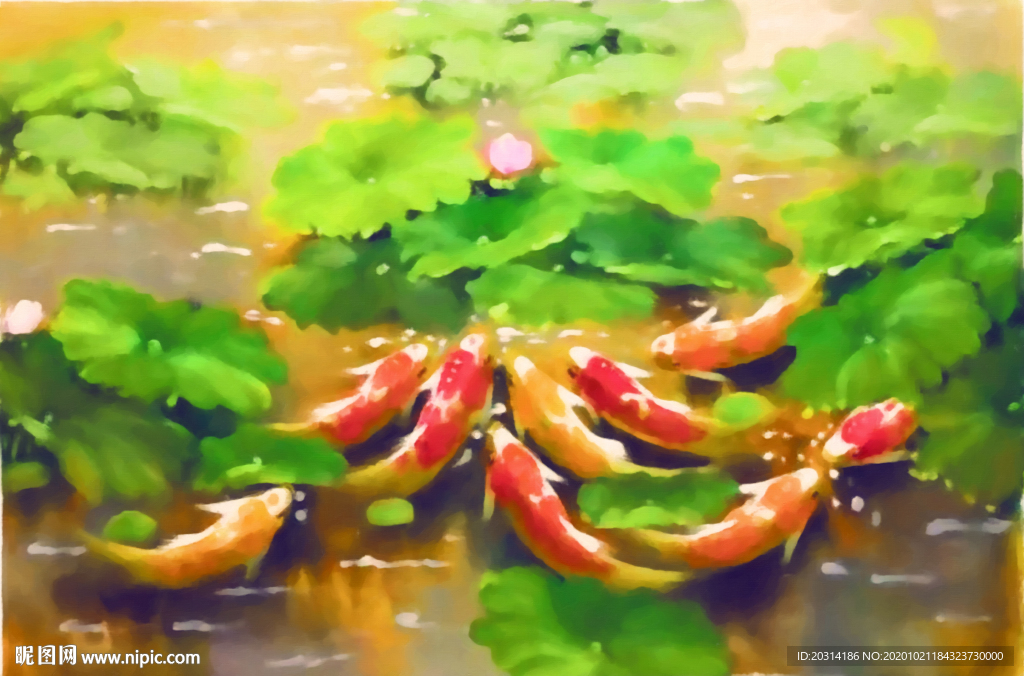 手绘九鱼图风景油画