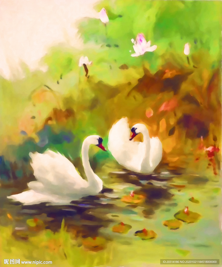 荷花天鹅油画